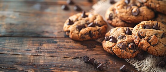 Poster - Homemade chocolate chip cookies on a wooden table creating a rustic atmosphere for this delicious photo with copy space image
