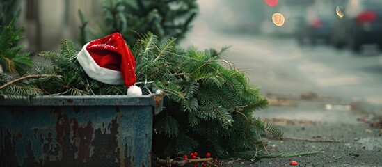 santa hat on a christmas tree discarded on the street thrown into a trash bin after year end festivi