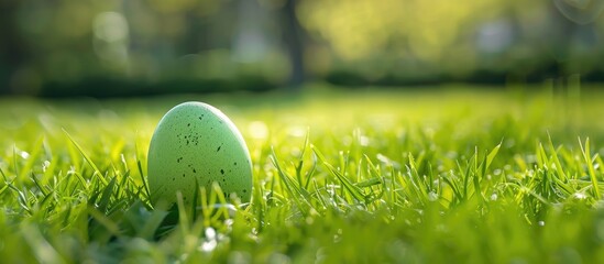 Poster - Bright green Easter egg is placed in grass symbolizing the festive start and renewal that Easter represents ideal for a copy space image