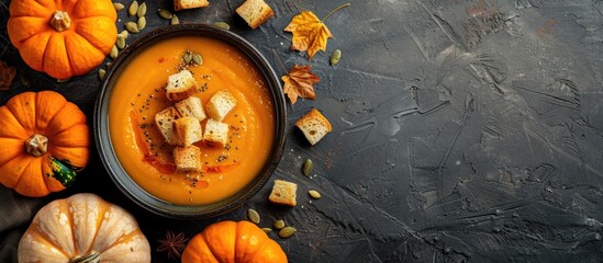 Poster - Top view of pumpkin soup with croutons and seeds next to organic pumpkins with copy space image