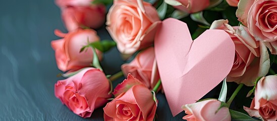 Sticker - A pink paper heart is nestled in a bunch of lovely roses creating a charming display that could be used as a copy space image