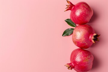 Wall Mural - Top view of fresh ripe pomegranates on pink background with copy space for text, flat lay concept