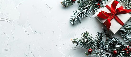 Wall Mural - Vibrant Christmas present with a festive atlas ribbon and tree branches on a white backdrop ideal for a copy space image