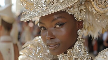 A woman with dark skin and intense eyes wears a elaborate white headdress and costume, adorned with jewels.