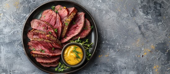 Aufkleber - A dish featuring sliced beef tongue with mustard on a gray background View from above with room for text alongside suitable for a copy space image A chilled gourmet starter
