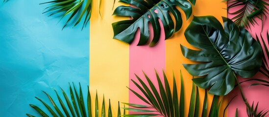 Poster - Summer flat lay composition featuring tropical leaves on a colorful backdrop providing engaging copy space image