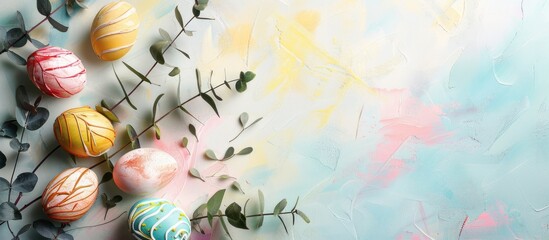 Aufkleber - Easter themed arrangement with colorful eggs and eucalyptus branches on a bright backdrop ideal for copy space image
