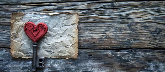 Aufkleber - Top view of a Valentine s Day greeting card placed on a wooden surface featuring a heart and key with a blank area for custom text known as a copy space image