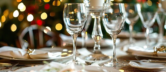 Poster - Close up shot with selective focus on a formal table setting with copy space image
