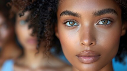 Close-up portrait of a young woman with brown skin and green eyes, looking directly at the camera.  Her hair is styled in a curly afro.  The background is blurred.