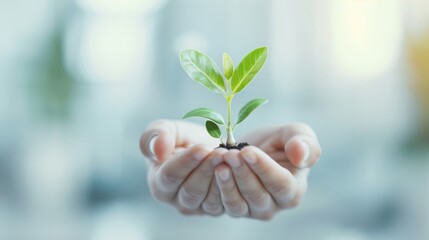 two hands holding a small green plant sprout, symbolizing growth, nurturing, and environmental conse