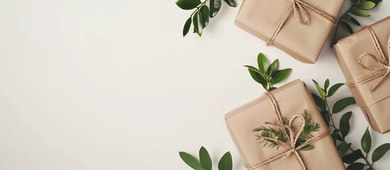 Aufkleber - Elegant paper wrapped vertical gift boxes on a white background with copy space image