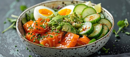 Poster - A healthy ketogenic meal featuring a flavorful salted salmon salad complete with a variety of nutritious ingredients like greens cucumbers eggs and avocado Ideal for keto and paleo diets