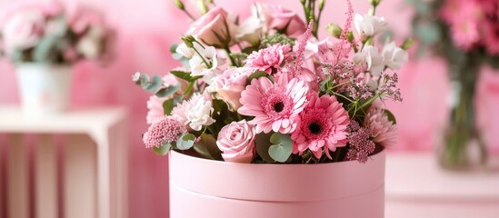Aufkleber - Gorgeous pink flower bouquet in a circular pink box perfect for displaying with copy space image