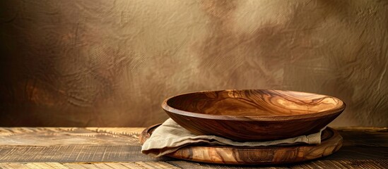 Wall Mural - Wooden table setting with an empty plate and a napkin against a brown backdrop featuring a wooden bowl for cafe creating a food themed copy space image