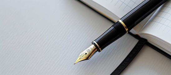 Fototapete - Fountain pen positioned on an open blank notebook against a white backdrop in a copy space image