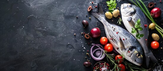 Poster - A black table displays two grilled Dorado fish adorned with onions olives tomatoes and herbs captured from the top with room for a copy space image