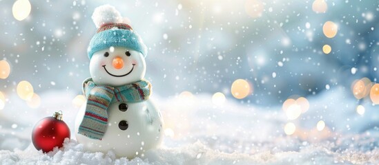 Snowman with a cheerful expression against a backdrop of snow suitable for adding text or images in the available copy space image