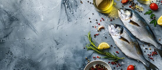 Poster - Flat lay composition featuring fresh dorado fish and ingredients on a grey table with a designated copy space image