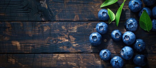 Poster - Top view high resolution image with blueberries on a wooden surface conveying a concept related to harvesting with space for duplication. copy space available