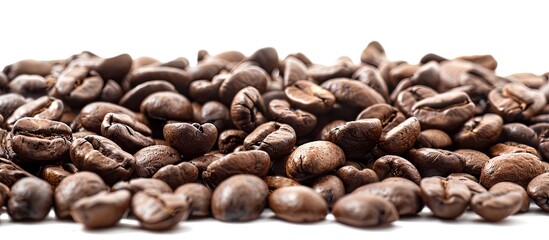 Poster - Close up of a heap of coffee beans on a white background with copy space image perfect for text placement Begin your day with a fresh brew