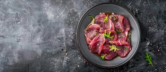 Aufkleber - A dish featuring sliced beef tongue with mustard on a gray background View from above with room for text alongside suitable for a copy space image A chilled gourmet starter