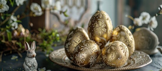 Aufkleber - An arrangement of Easter eggs adorned with gold patterns and bunny figures on a plate exuding a sense of cozy home comfort during the festive Easter season with a spacious area for additional element
