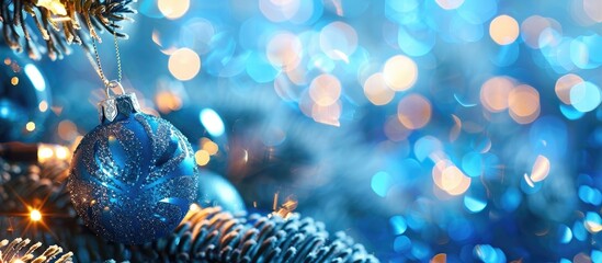 Poster - Celebratory blue holiday background with festive Christmas and New Year elements featuring blurry bokeh backdrop and space for inserting images or text. copy space available