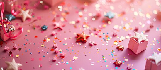 Leinwandbilder - Pink pastel background with confetti stars and a festive vibe is perfect as a backdrop for packages Features closeup details and ample copy space image
