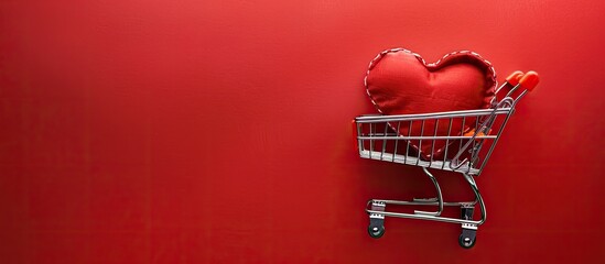 Aufkleber - Valentine s Day themed photo with a small shopping cart in the shape of a heart on a red background ideal for sales and offers advertising with copy space image