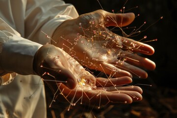 Poster - Scientist wearing a lab coat holding a glowing molecule model made of filaments and beads