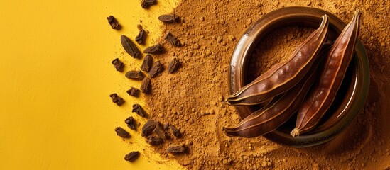 Poster - Top view of carob bean and powder on a yellow or brown background with copy space image
