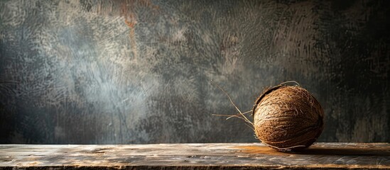 Dark wooden table set with a coconut as the focal point against a backdrop of empty space for imagery. copy space available