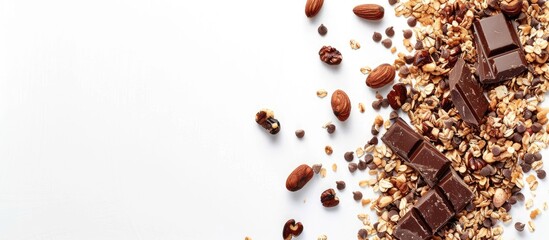 Aufkleber - Granola cereal with chocolate and nuts presented on a white background with copy space image