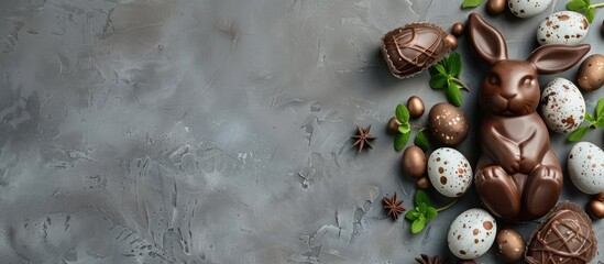 Aufkleber - Sweet Easter treats and chocolate eggs with the Easter Bunny on a gray background in a holiday themed copy space image