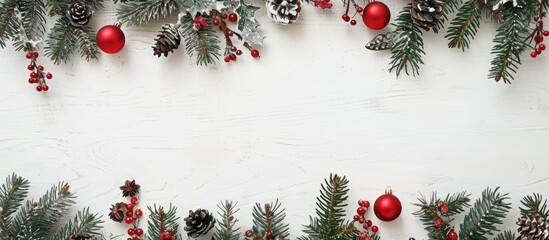 Fototapete - Festive Christmas decor border on rustic white wood with space for text Versatile for Christmas cards or backgrounds Toned copy space image
