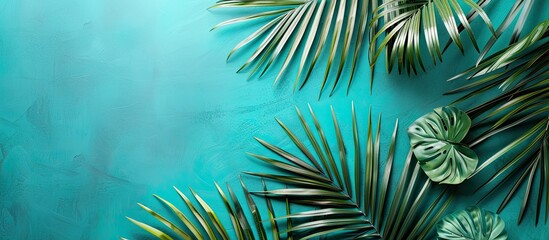 Poster - A serene summer themed composition featuring lush palm leaves against a vibrant turquoise backdrop inviting text placement This top down arrangement exudes a chic simple aesthetic