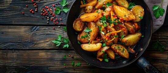 Poster - On a wooden tabletop a black pan holds a savory dish of fried potatoes seasoned with herbs spices and vegetables Ample copy space in the image