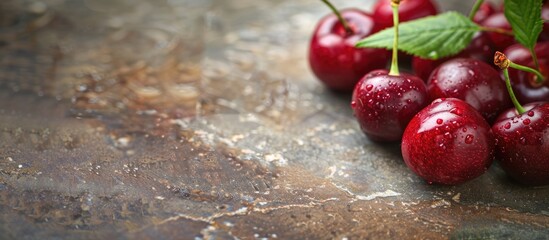 Wall Mural - close up view of fresh cherries on a stone plate with selective focus creating a visually appealing 
