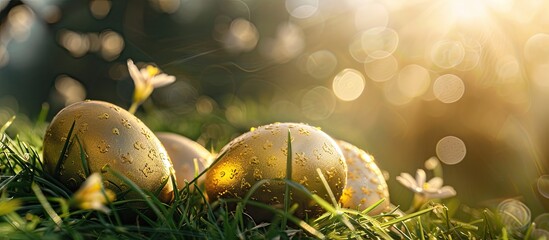 Aufkleber - Spring holiday background with golden eggs on fresh grass under the sun s rays ideal for Easter wallpaper copy space image capturing the essence of the season