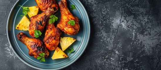 Poster - Fried chicken legs served with pineapple pieces on a blue plate against a black table with copy space image