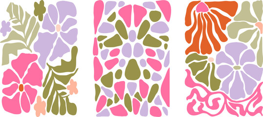 Wall Mural - Groovy floral tiles in Matisse vibes. Trendy Naive Floral set of Vector Backgrounds in 1970s. Art Nouveau prints. Can be used for Print on fabric, wrapping paper, wallpaper.