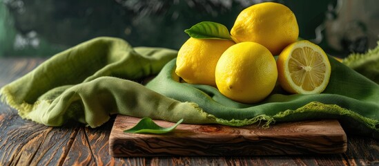 Aufkleber - Fresh lemons and green fabric on a wooden kitchen board in a close up copy space image