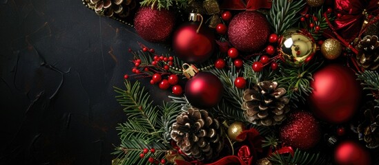Fototapete - Festive Christmas decor displayed against a dark backdrop with copy space image