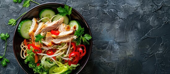 Poster - A salad with Chinese noodles chicken peppers and cucumber displayed on a textured stone background with empty space for more elements in the image. copy space available
