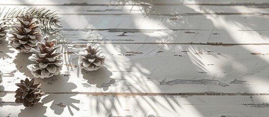 Poster - Rustic white wooden table adorned with snowy pine cones and a sunlit shadow creating a Christmas themed copy space image