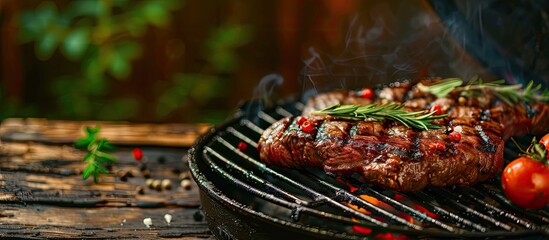 Poster - A succulent beef steak sizzling on a BBQ grill with a rustic background and ample copy space image making it an appetizing and wholesome meal option