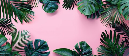 Poster - Top view of a banner on a pink background with a tropical green palm monstera leaf and branches pattern forming a frame providing ample copy space