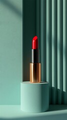 Wall Mural - A red lipstick is displayed on a pedestal in front of a green wall