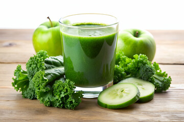 Wall Mural - A glass of green juice is on a wooden table with a few pieces of cucumber and a couple of apples